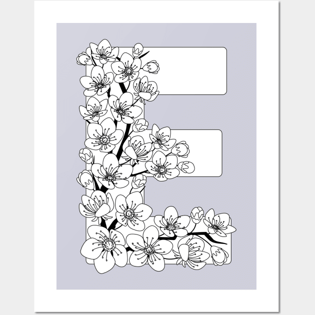 Monochrome capital letter E patterned with sakura twig Wall Art by Alina